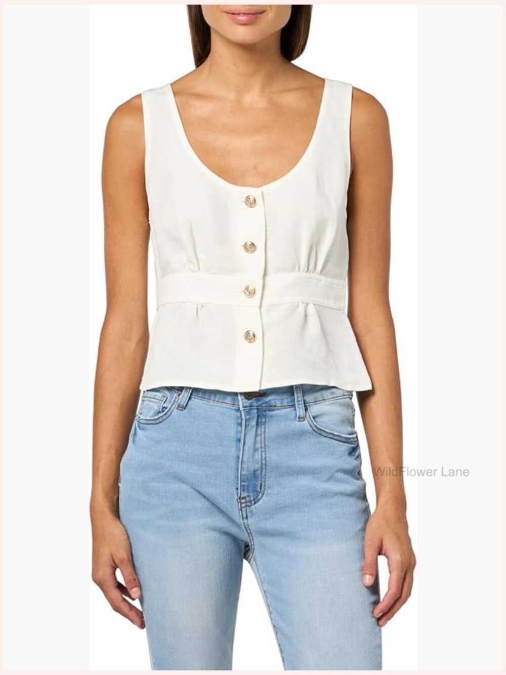 Sleeveless Button Front Tank Top Square Neck Linen Rayon Blend